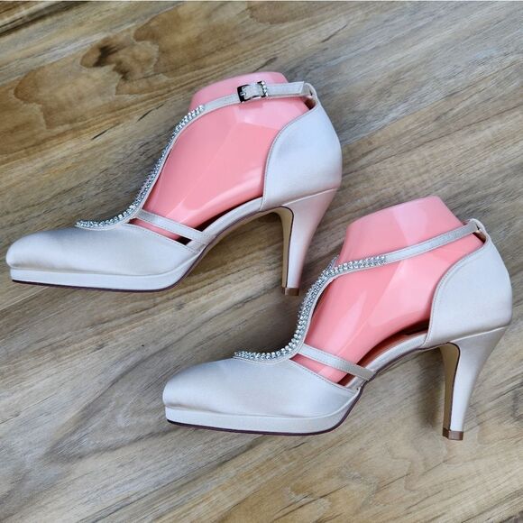 🩵NWOB Champagne Rhinestone Satin Strappy Platform Heels Size 8 - Picture 12 of 14